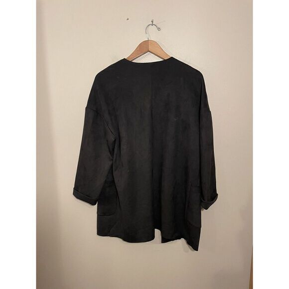 Carmen‎ Marc Valvo Faux Leather Suede Open Cardigan Jacket Pockets Medium Black - Picture 3 of 5